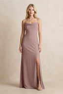 Spaghetti Straps Sheath Satin Bridesmaid Dress With Slit in Toffee - KissProm Bridesmaid Dresses