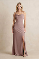 Spaghetti Straps Sheath Satin Bridesmaid Dress With Slit in Toffee - KissProm Bridesmaid Dresses