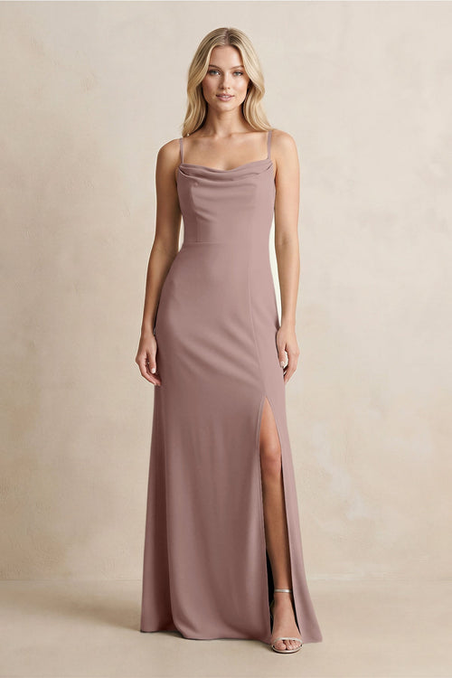 Spaghetti Straps Sheath Satin Bridesmaid Dress With Slit in Toffee - KissProm Bridesmaid Dresses
