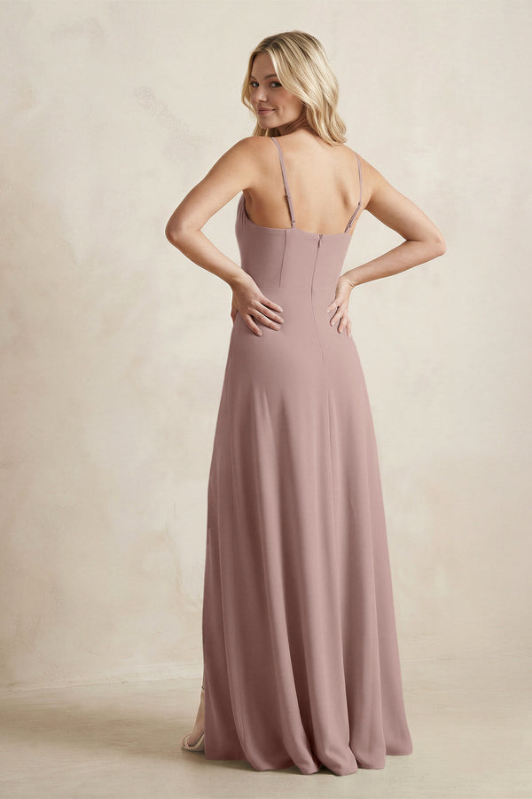 Spaghetti Straps Sheath Satin Bridesmaid Dress With Slit in Toffee - KissProm Bridesmaid Dresses