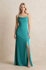 Spaghetti Straps Sheath Satin Bridesmaid Dress With Slit in Turquoise - KissProm Bridesmaid Dresses