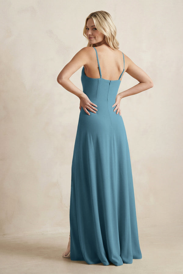 Spaghetti Straps Sheath Satin Bridesmaid Dress With Slit in Twilight - KissProm Bridesmaid Dresses