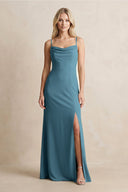 Spaghetti Straps Sheath Satin Bridesmaid Dress With Slit in Twilight - KissProm Bridesmaid Dresses