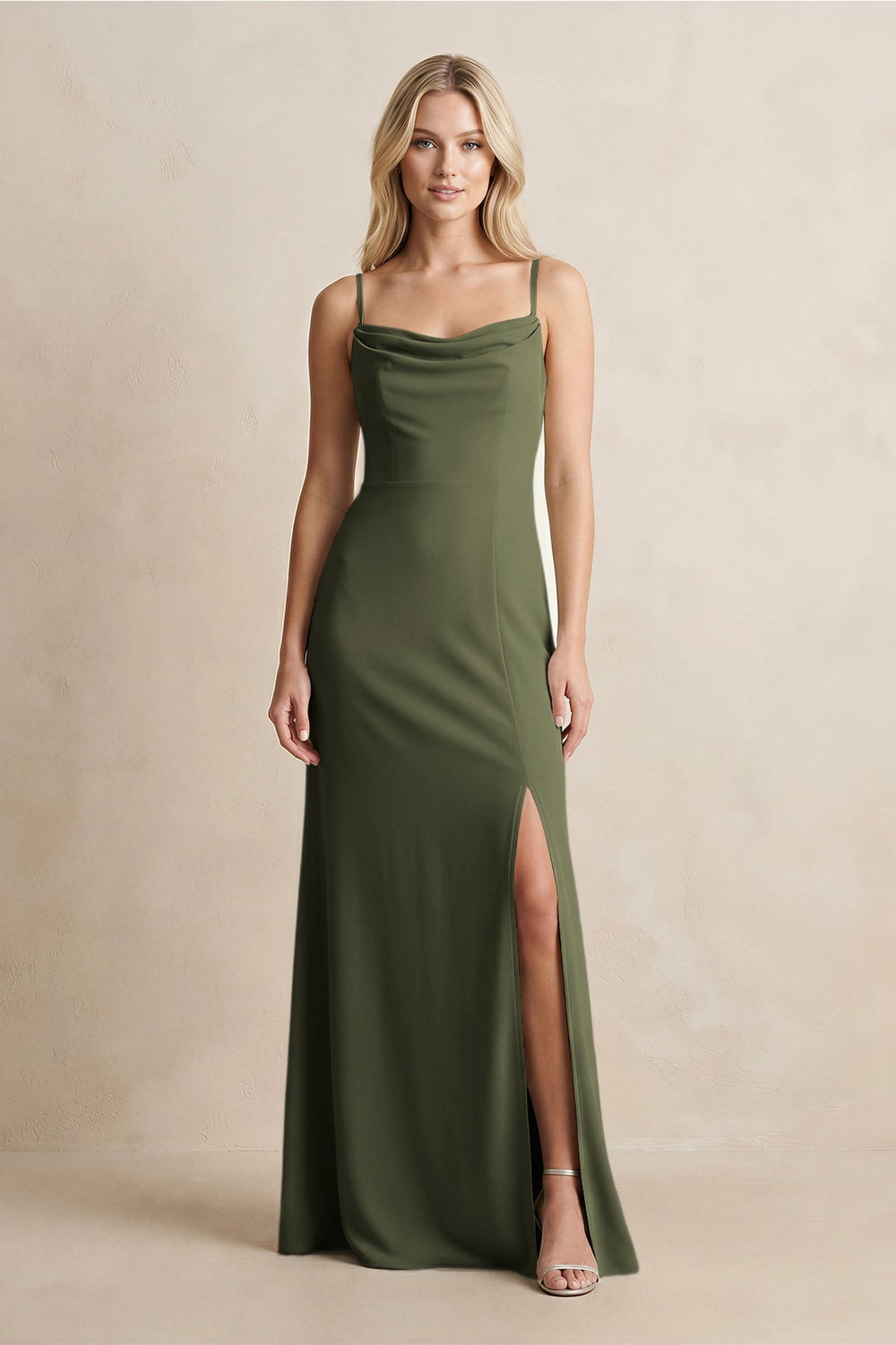Spaghetti Straps Sheath Satin Bridesmaid Dress With Slit in Willow Green - KissProm Bridesmaid Dresses