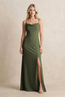 Spaghetti Straps Sheath Satin Bridesmaid Dress With Slit in Willow Green - KissProm Bridesmaid Dresses