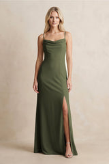 Spaghetti Straps Sheath Satin Bridesmaid Dress With Slit in Willow Green - KissProm Bridesmaid Dresses