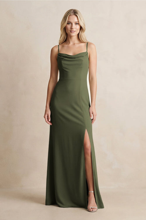 Spaghetti Straps Sheath Satin Bridesmaid Dress With Slit in Willow Green - KissProm Bridesmaid Dresses