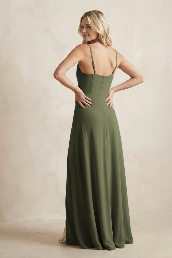Spaghetti Straps Sheath Satin Bridesmaid Dress With Slit in Willow Green - KissProm Bridesmaid Dresses
