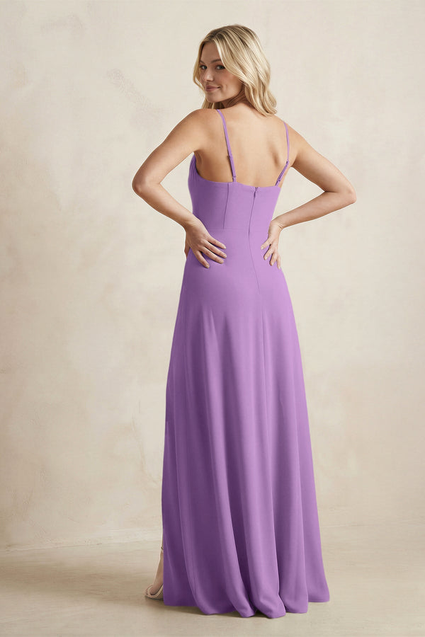 Spaghetti Straps Sheath Satin Bridesmaid Dress With Slit in Wisteria - KissProm Bridesmaid Dresses