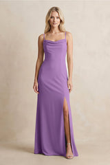 Spaghetti Straps Sheath Satin Bridesmaid Dress With Slit in Wisteria - KissProm Bridesmaid Dresses