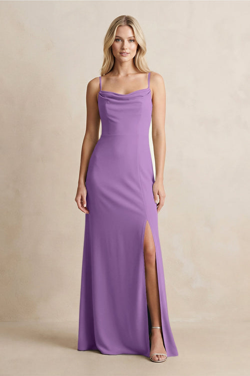 Spaghetti Straps Sheath Satin Bridesmaid Dress With Slit in Wisteria - KissProm Bridesmaid Dresses