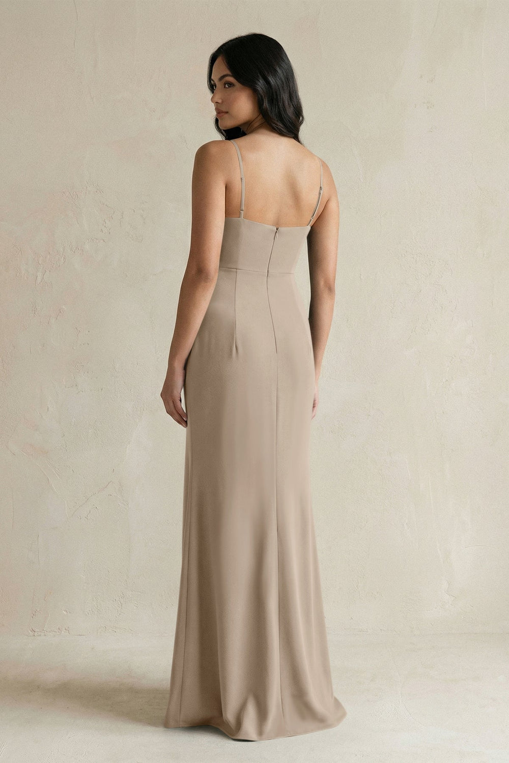 Spaghetti Straps Sheath Stain Bridesmaid Dress With Slit in Almond - KissProm Bridesmaid Dresses