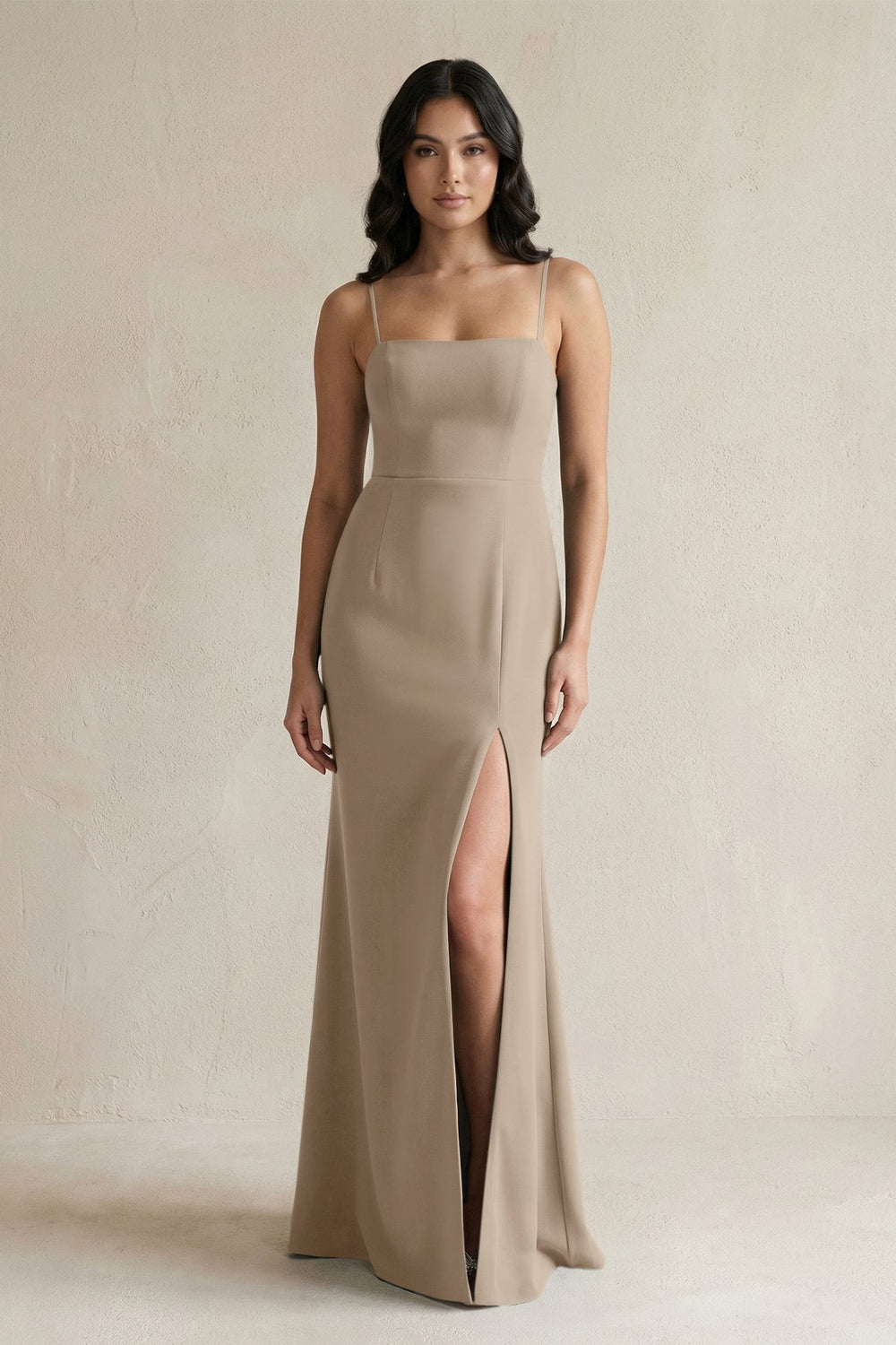 Spaghetti Straps Sheath Stain Bridesmaid Dress With Slit in Almond - KissProm Bridesmaid Dresses