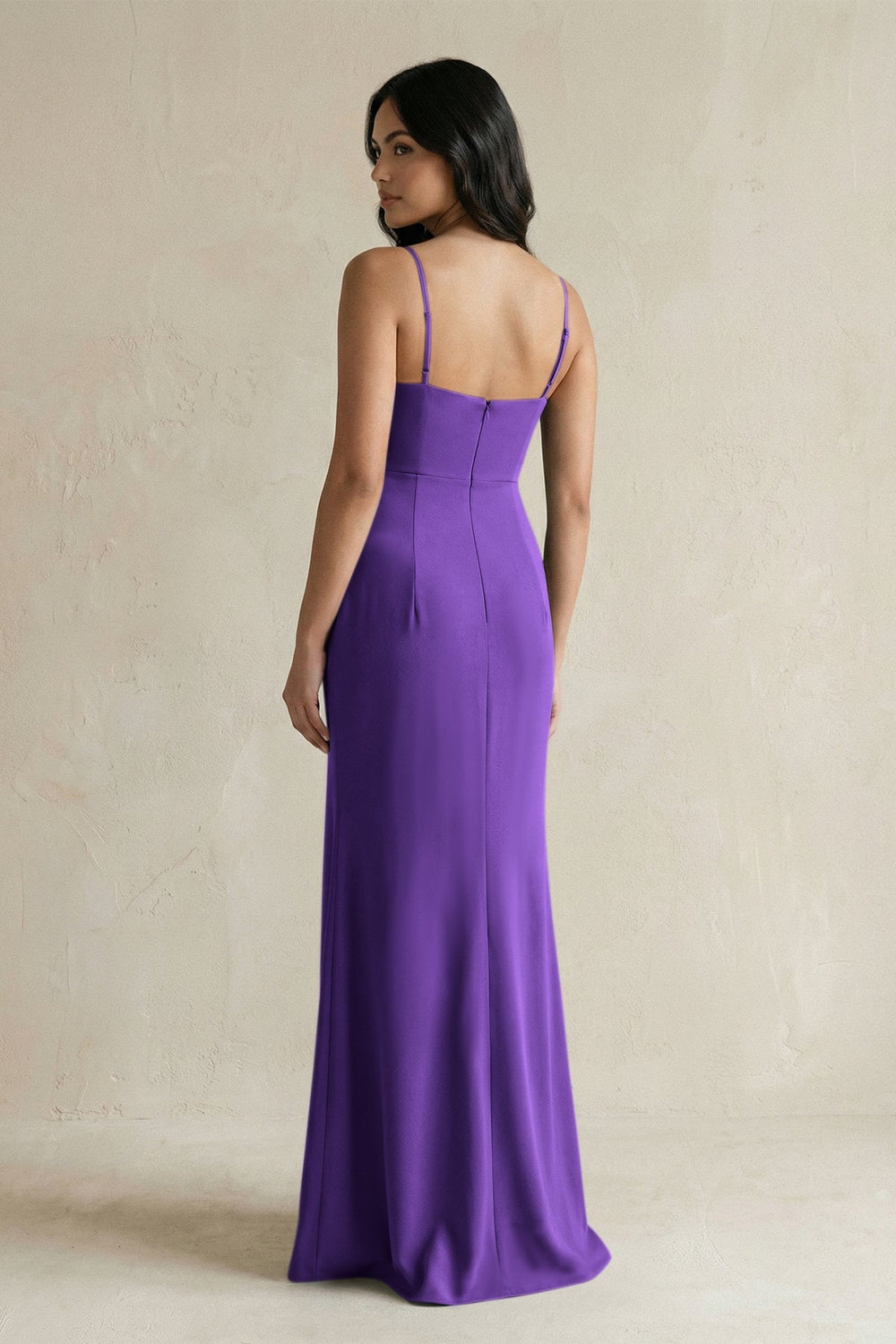 Spaghetti Straps Sheath Stain Bridesmaid Dress With Slit in Amethyst - KissProm Bridesmaid Dresses