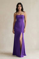Spaghetti Straps Sheath Stain Bridesmaid Dress With Slit in Amethyst - KissProm Bridesmaid Dresses