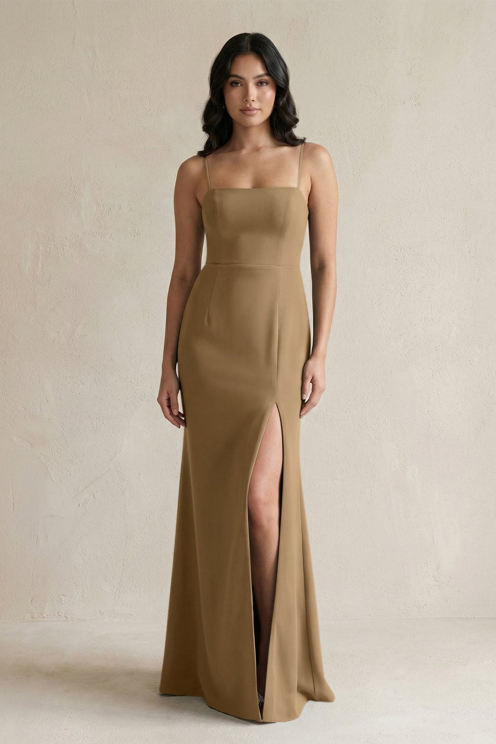 Spaghetti Straps Sheath Stain Bridesmaid Dress With Slit in Apple Cinnamon - KissProm Bridesmaid Dresses