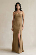 Spaghetti Straps Sheath Stain Bridesmaid Dress With Slit in Apple Cinnamon - KissProm Bridesmaid Dresses