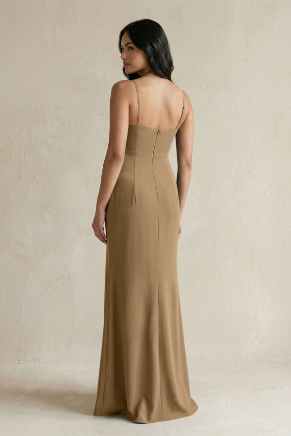 Spaghetti Straps Sheath Stain Bridesmaid Dress With Slit in Apple Cinnamon - KissProm Bridesmaid Dresses