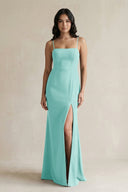 Spaghetti Straps Sheath Stain Bridesmaid Dress With Slit in Aqua - KissProm Bridesmaid Dresses
