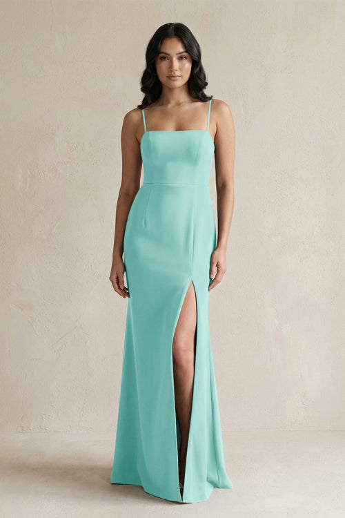 Spaghetti Straps Sheath Stain Bridesmaid Dress With Slit in Aqua - KissProm Bridesmaid Dresses