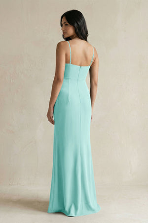 Spaghetti Straps Sheath Stain Bridesmaid Dress With Slit in Aqua - KissProm Bridesmaid Dresses