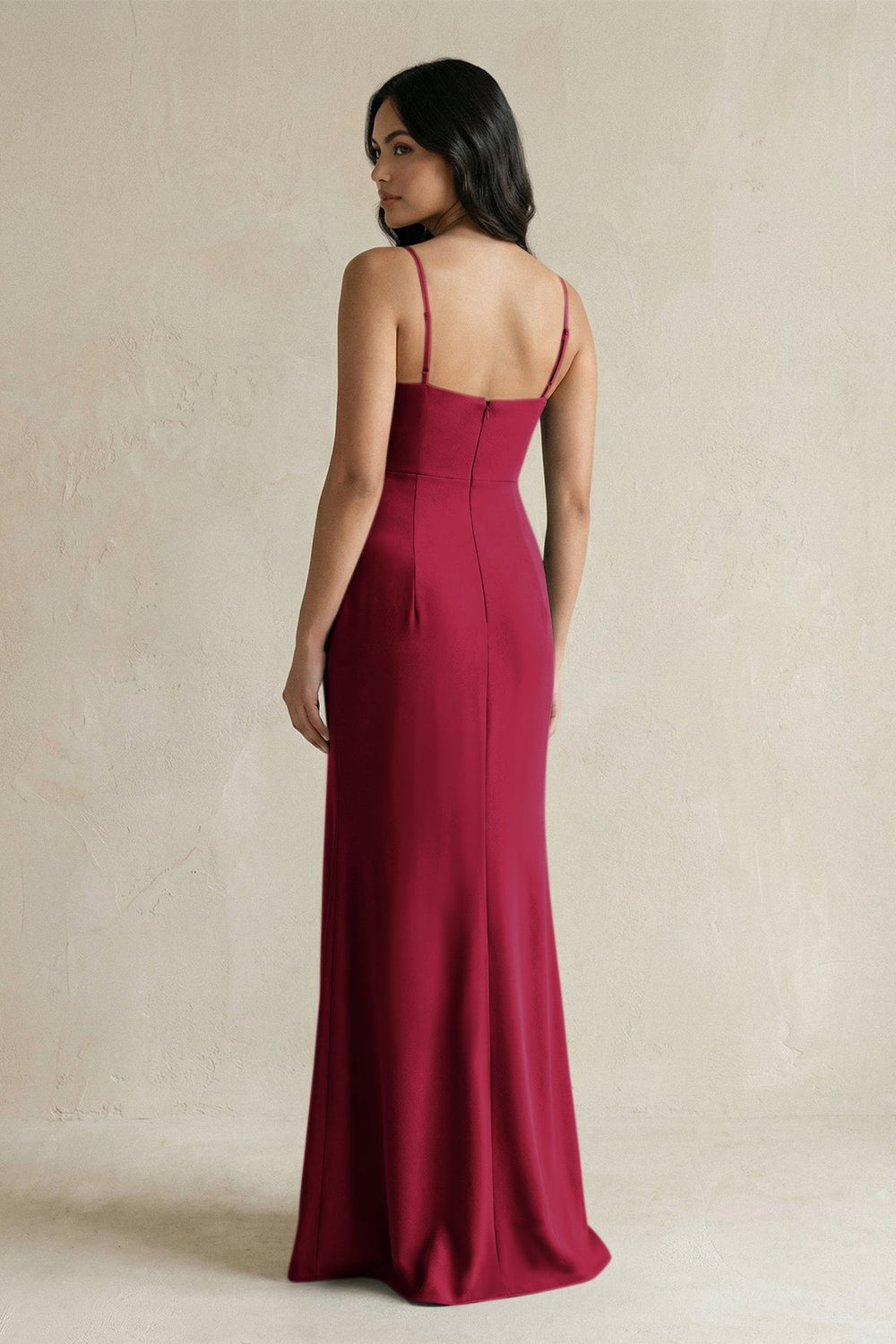 Spaghetti Straps Sheath Stain Bridesmaid Dress With Slit in Berry - KissProm Bridesmaid Dresses