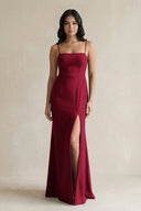 Spaghetti Straps Sheath Stain Bridesmaid Dress With Slit in Berry - KissProm Bridesmaid Dresses