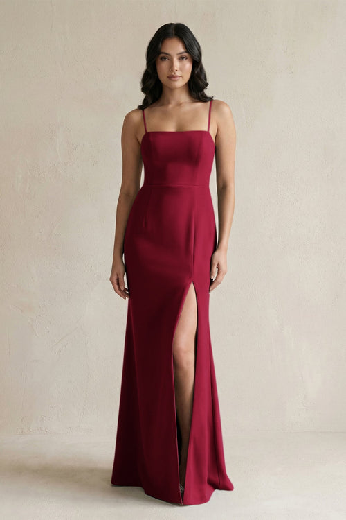 Spaghetti Straps Sheath Stain Bridesmaid Dress With Slit in Berry - KissProm Bridesmaid Dresses