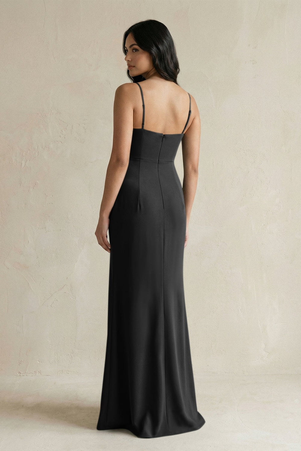 Spaghetti Straps Sheath Stain Bridesmaid Dress With Slit in Black - KissProm Bridesmaid Dresses