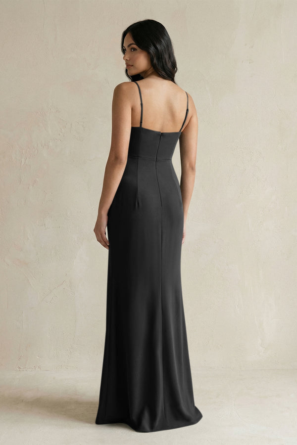 Spaghetti Straps Sheath Stain Bridesmaid Dress With Slit in Black - KissProm Bridesmaid Dresses
