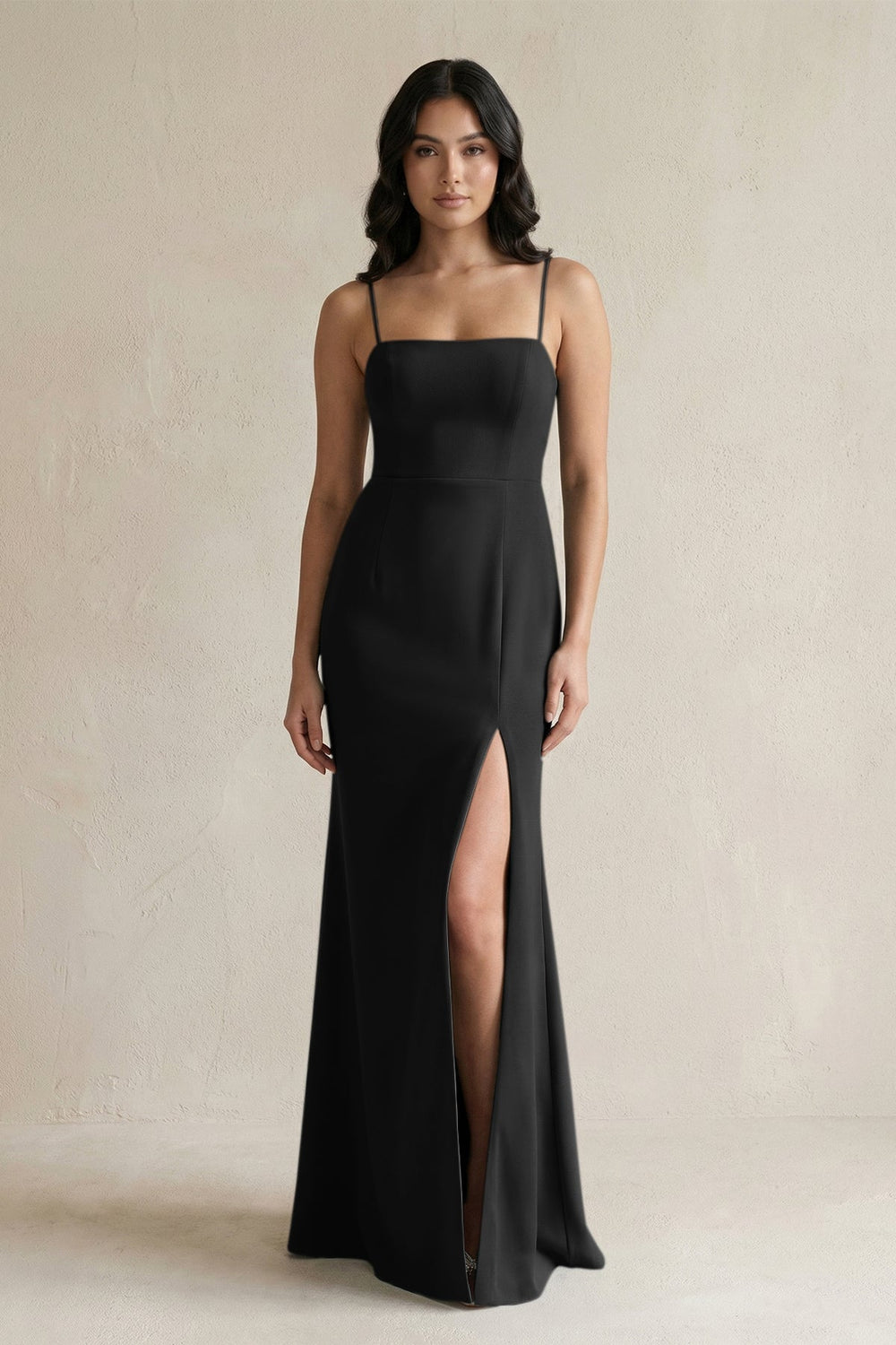 Spaghetti Straps Sheath Stain Bridesmaid Dress With Slit in Black - KissProm Bridesmaid Dresses