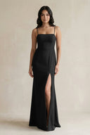 Spaghetti Straps Sheath Stain Bridesmaid Dress With Slit in Black - KissProm Bridesmaid Dresses