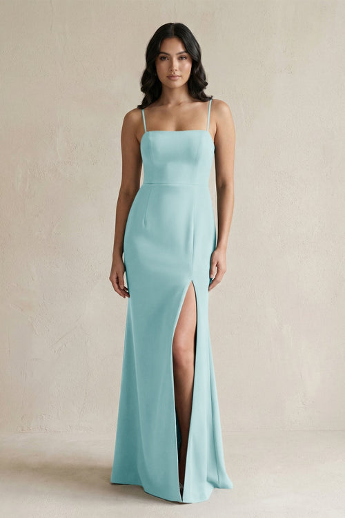 Spaghetti Straps Sheath Stain Bridesmaid Dress With Slit in Bleached Aqua - KissProm Bridesmaid Dresses