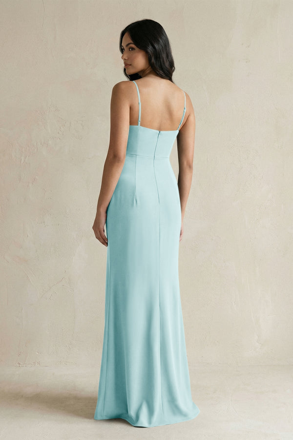 Spaghetti Straps Sheath Stain Bridesmaid Dress With Slit in Bleached Aqua - KissProm Bridesmaid Dresses