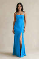 Spaghetti Straps Sheath Stain Bridesmaid Dress With Slit in Blue Jay - KissProm Bridesmaid Dresses