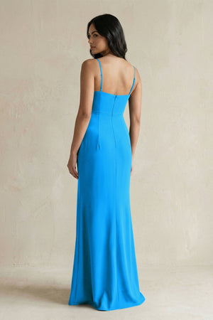 Spaghetti Straps Sheath Stain Bridesmaid Dress With Slit in Blue Jay - KissProm Bridesmaid Dresses