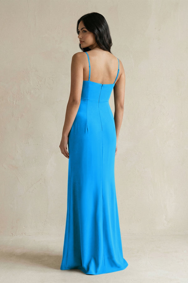 Spaghetti Straps Sheath Stain Bridesmaid Dress With Slit in Blue Jay - KissProm Bridesmaid Dresses