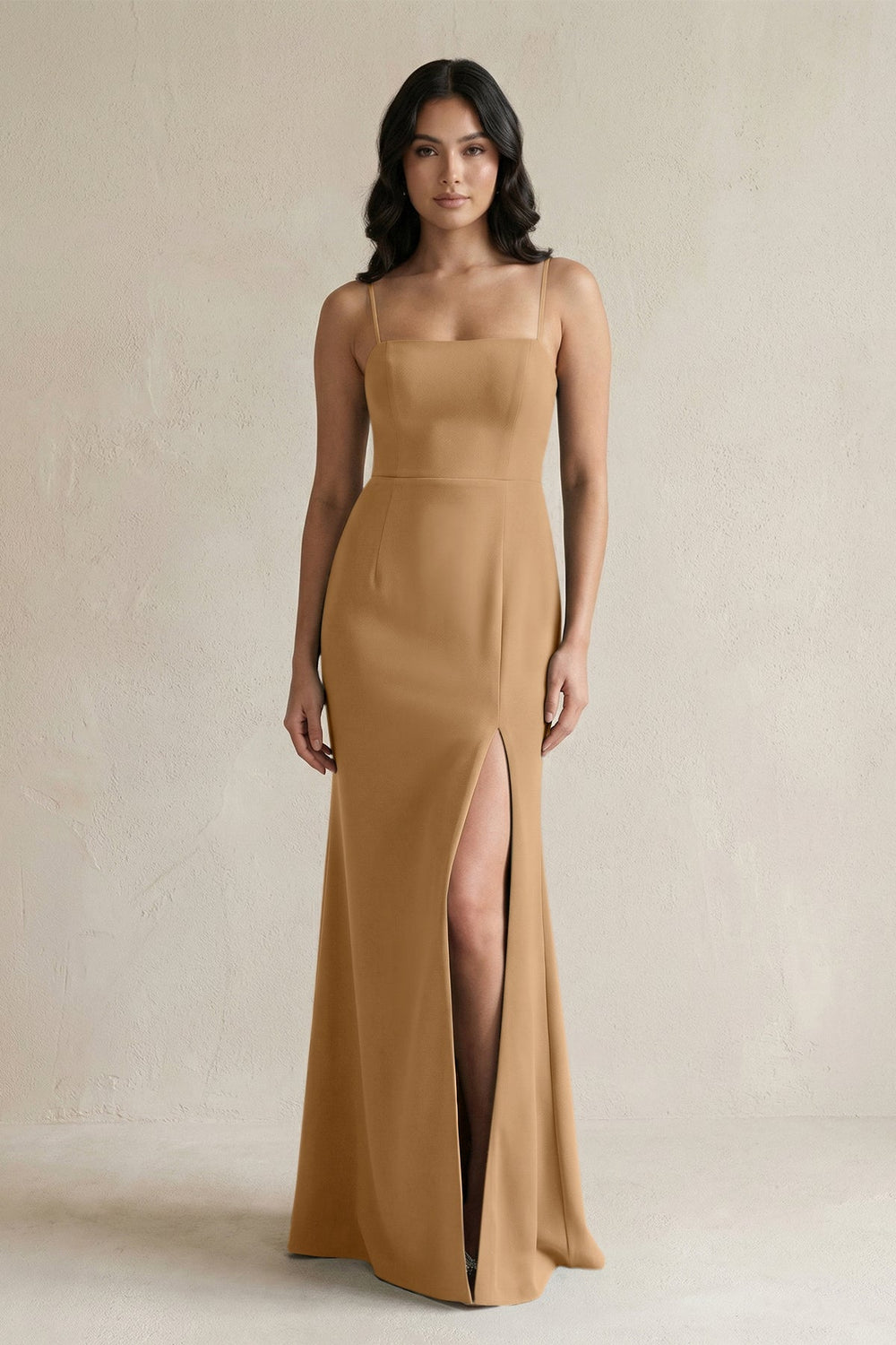 Spaghetti Straps Sheath Stain Bridesmaid Dress With Slit in Bronzer - KissProm Bridesmaid Dresses