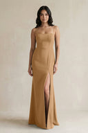 Spaghetti Straps Sheath Stain Bridesmaid Dress With Slit in Bronzer - KissProm Bridesmaid Dresses