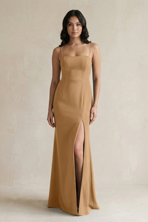 Spaghetti Straps Sheath Stain Bridesmaid Dress With Slit in Bronzer - KissProm Bridesmaid Dresses