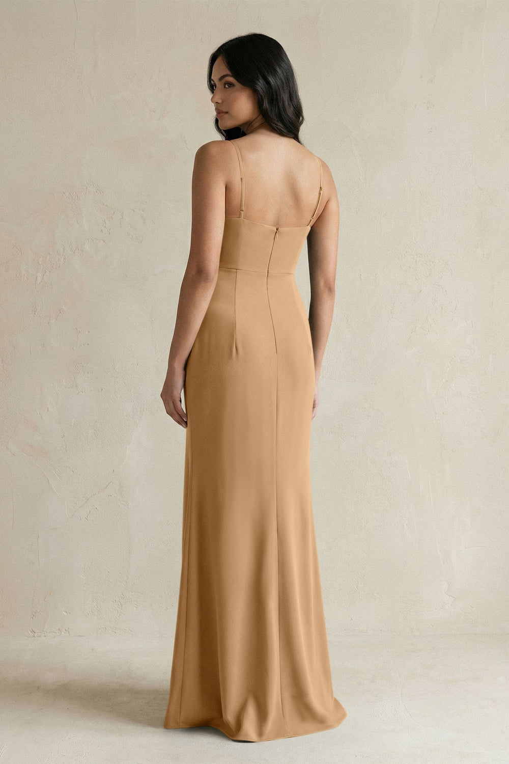 Spaghetti Straps Sheath Stain Bridesmaid Dress With Slit in Bronzer - KissProm Bridesmaid Dresses