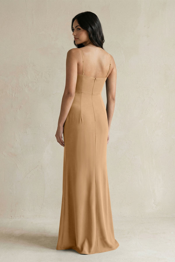 Spaghetti Straps Sheath Stain Bridesmaid Dress With Slit in Bronzer - KissProm Bridesmaid Dresses