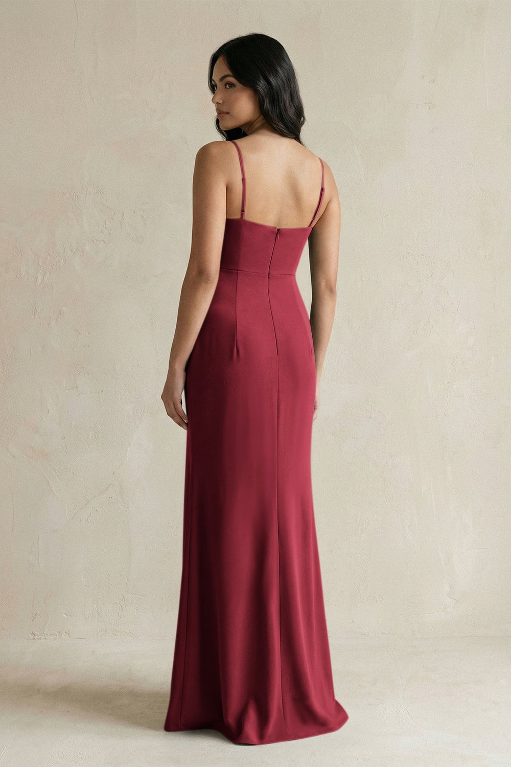 Spaghetti Straps Sheath Stain Bridesmaid Dress With Slit in Burgundy - KissProm Bridesmaid Dresses