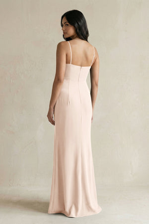 Spaghetti Straps Sheath Stain Bridesmaid Dress With Slit in Buttercream - KissProm Bridesmaid Dresses