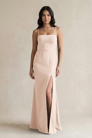 Spaghetti Straps Sheath Stain Bridesmaid Dress With Slit in Buttercream - KissProm Bridesmaid Dresses