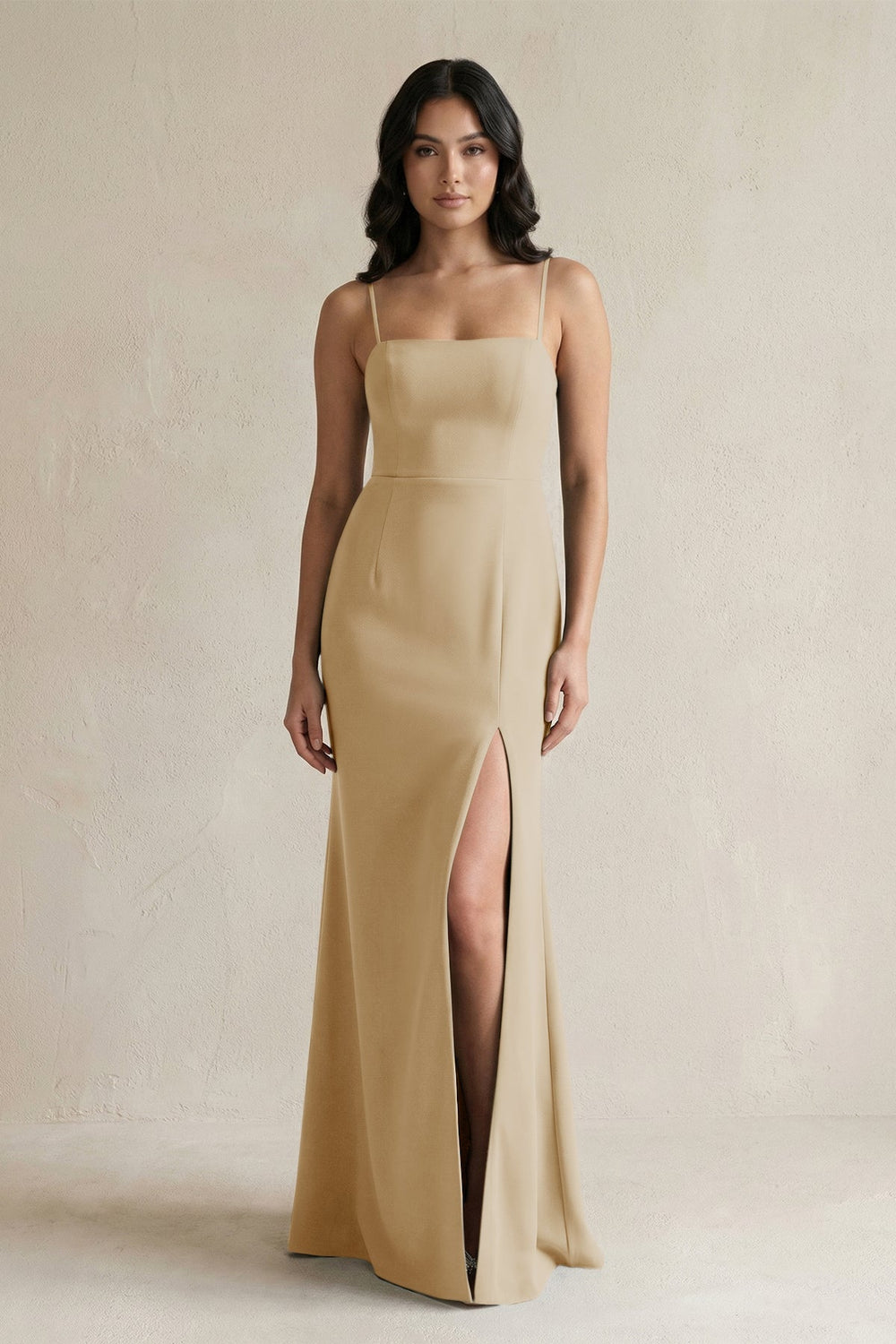 Spaghetti Straps Sheath Stain Bridesmaid Dress With Slit in Champagne - KissProm Bridesmaid Dresses