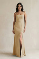 Spaghetti Straps Sheath Stain Bridesmaid Dress With Slit in Champagne - KissProm Bridesmaid Dresses