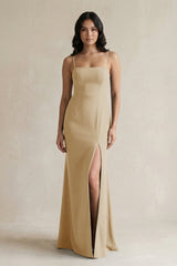Spaghetti Straps Sheath Stain Bridesmaid Dress With Slit in Champagne - KissProm Bridesmaid Dresses