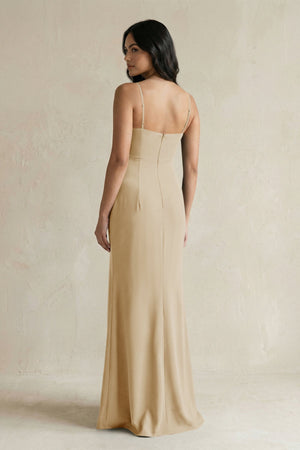 Spaghetti Straps Sheath Stain Bridesmaid Dress With Slit in Champagne - KissProm Bridesmaid Dresses