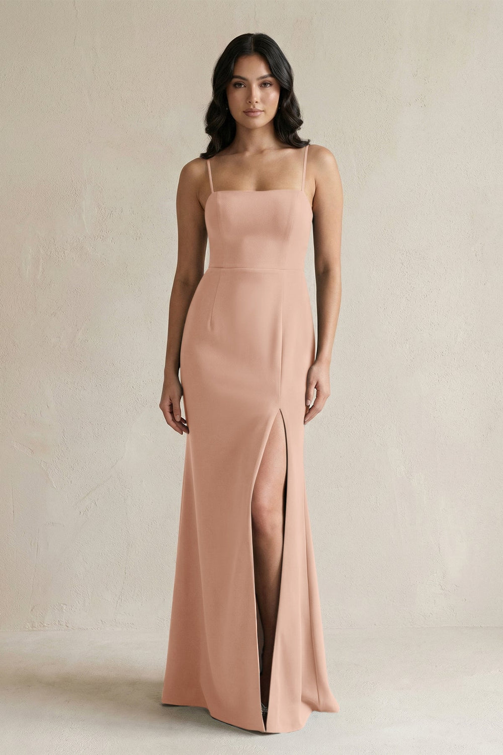 Spaghetti Straps Sheath Stain Bridesmaid Dress With Slit in Champagne Rose - KissProm Bridesmaid Dresses